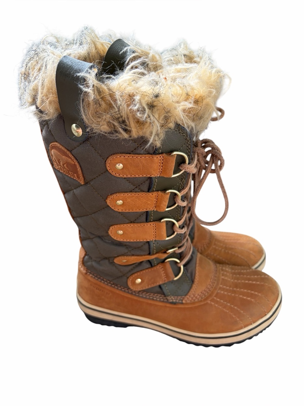 Sorel Tofino Waterproof Boots Dark Olive Size 5 Faux Fur Quilted Outdoors Winter